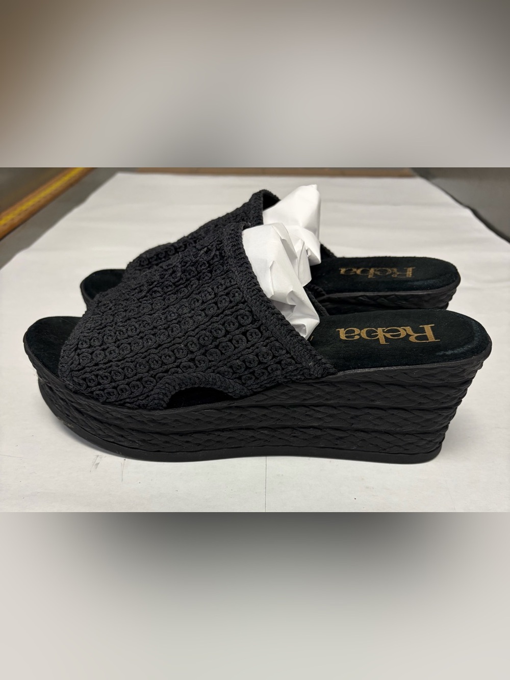 Reba Black Woven Platform Slide Mules
